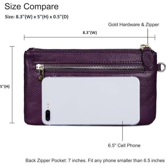 Women's Genuine Italian Leather Wristlet Clutch Wallet Purse, Gold Zipper - Picture 4 of 6